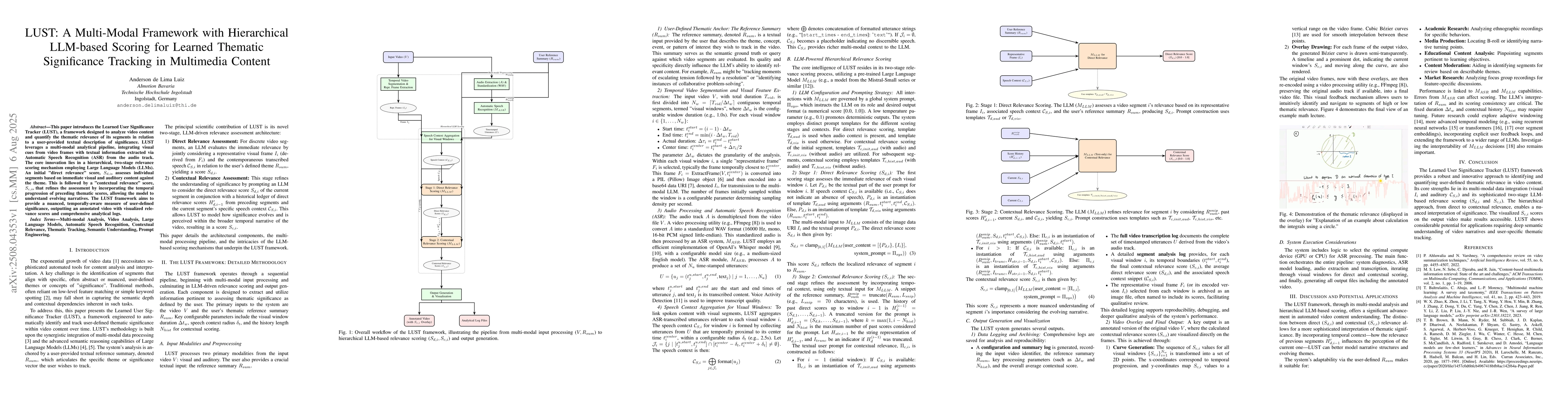 Thumbnail for LUST: A Multi-Modal Framework with Hierarchical LLM-based Scoring for
  Learned Thematic Significance Tracking in Multimedia Content