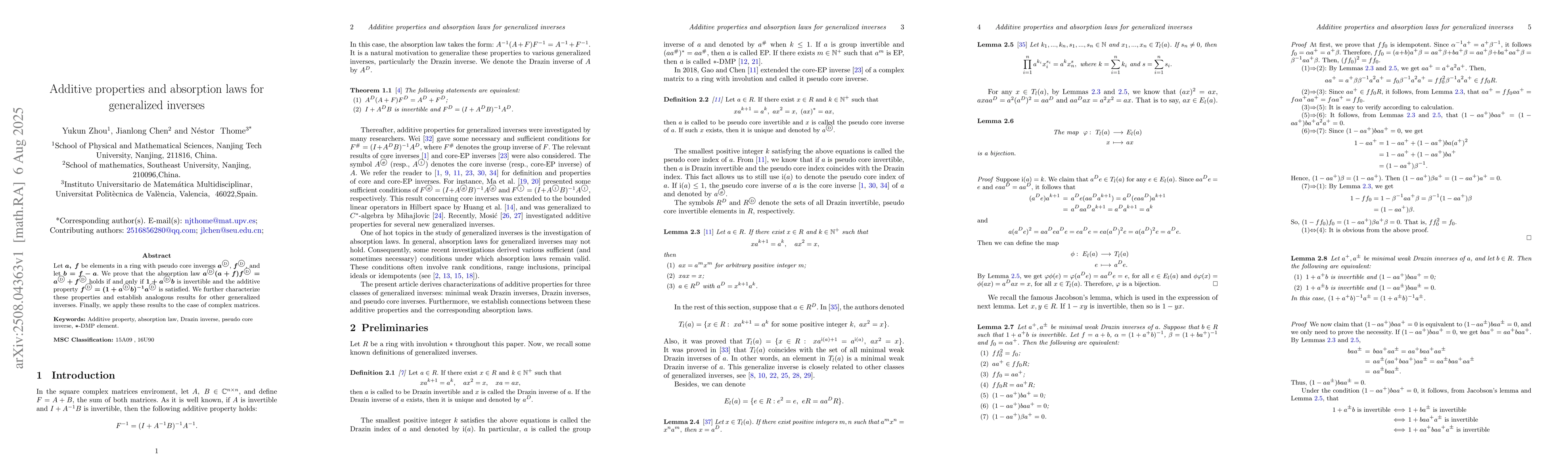 Thumbnail for Additive properties and absorption laws for generalized inverses