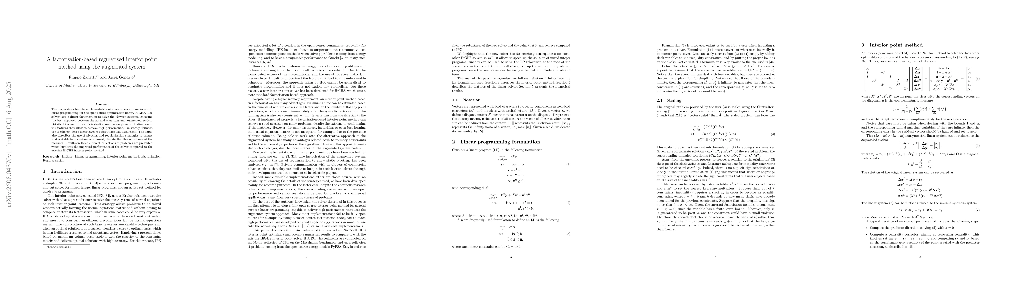 Thumbnail for A factorisation-based regularised interior point method using the
  augmented system