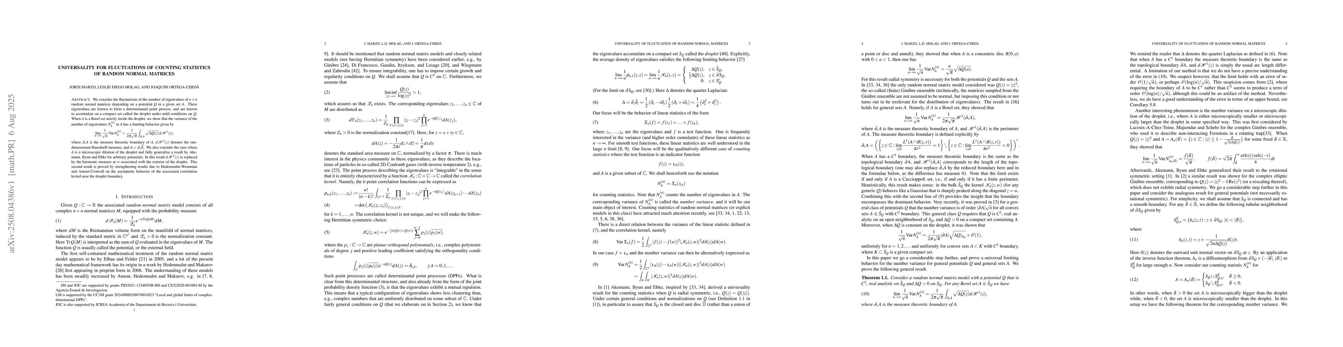 Thumbnail for Universality for fluctuations of counting statistics of random normal
  matrices