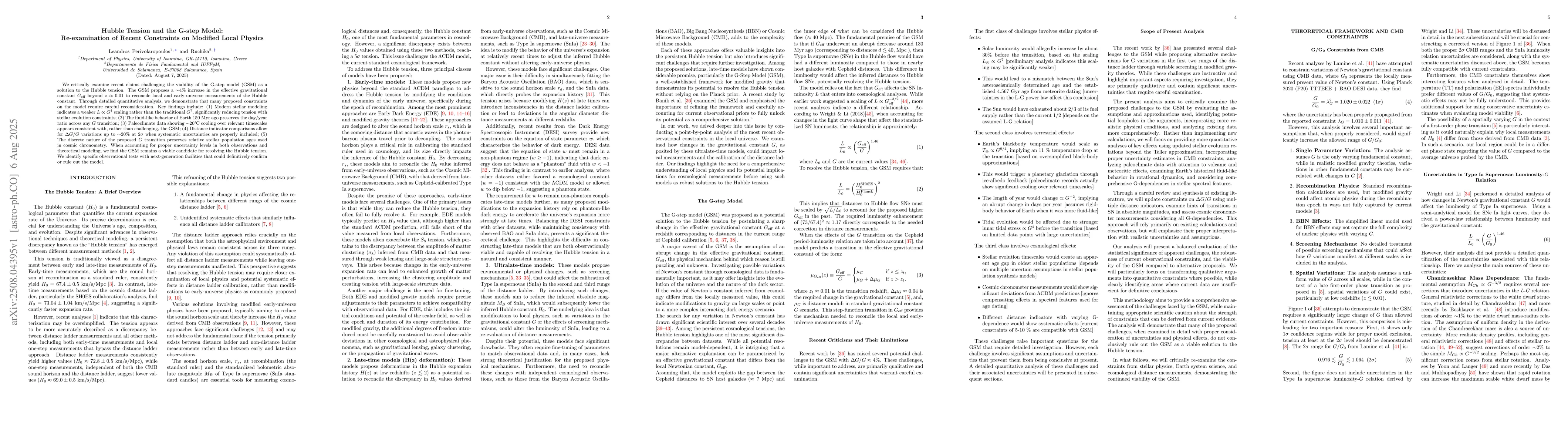 Thumbnail for Hubble Tension and the G-step Model: Re-examination of Recent
  Constraints on Modified Local Physics