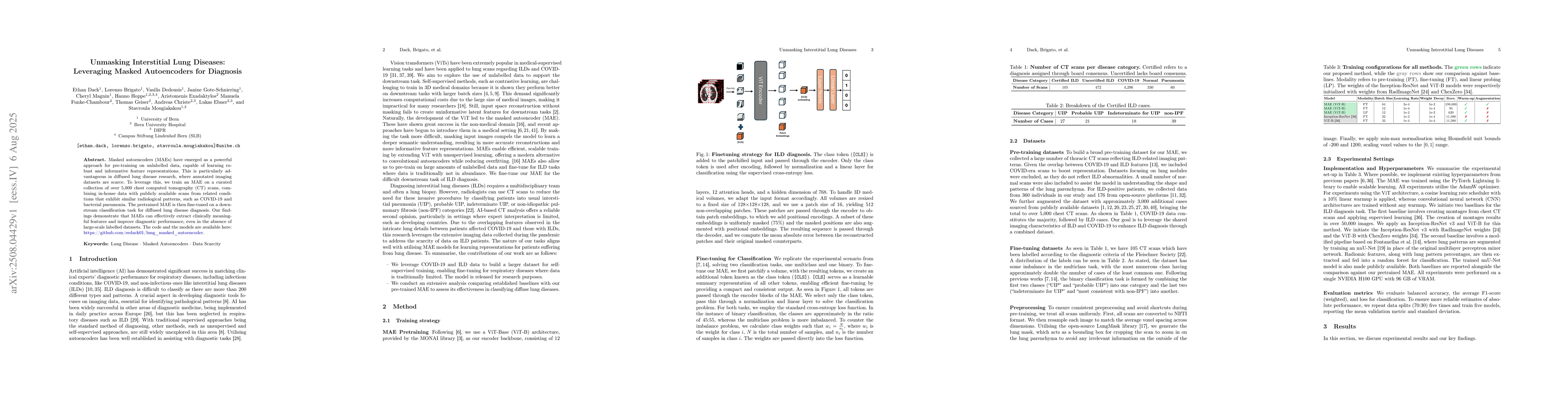 Thumbnail for Unmasking Interstitial Lung Diseases: Leveraging Masked Autoencoders for
  Diagnosis