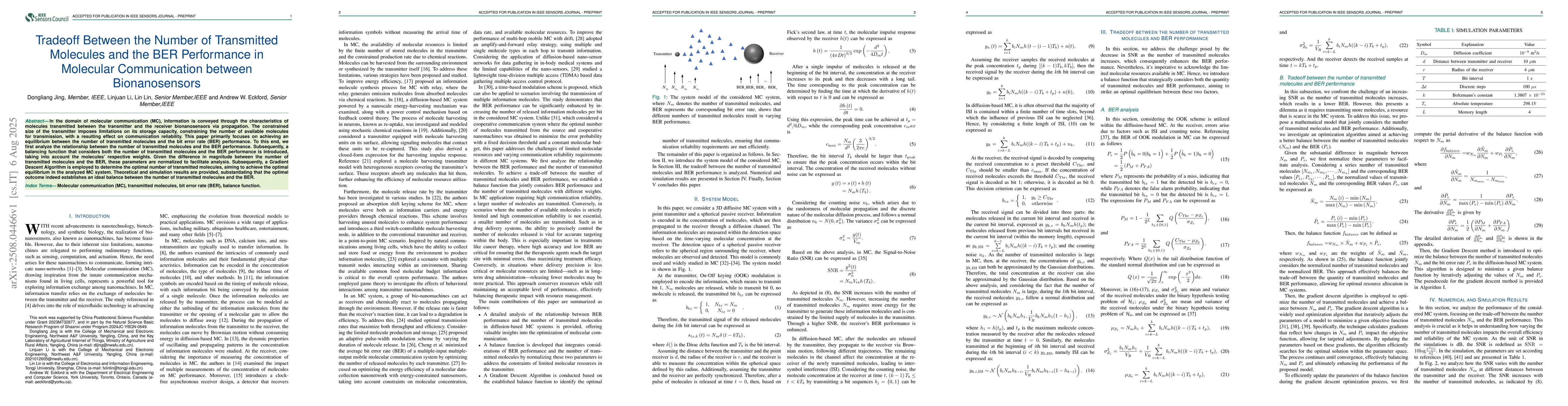 Thumbnail for Tradeoff Between the Number of Transmitted Molecules and the BER
  Performance in Molecular Communication between Bionanosensors