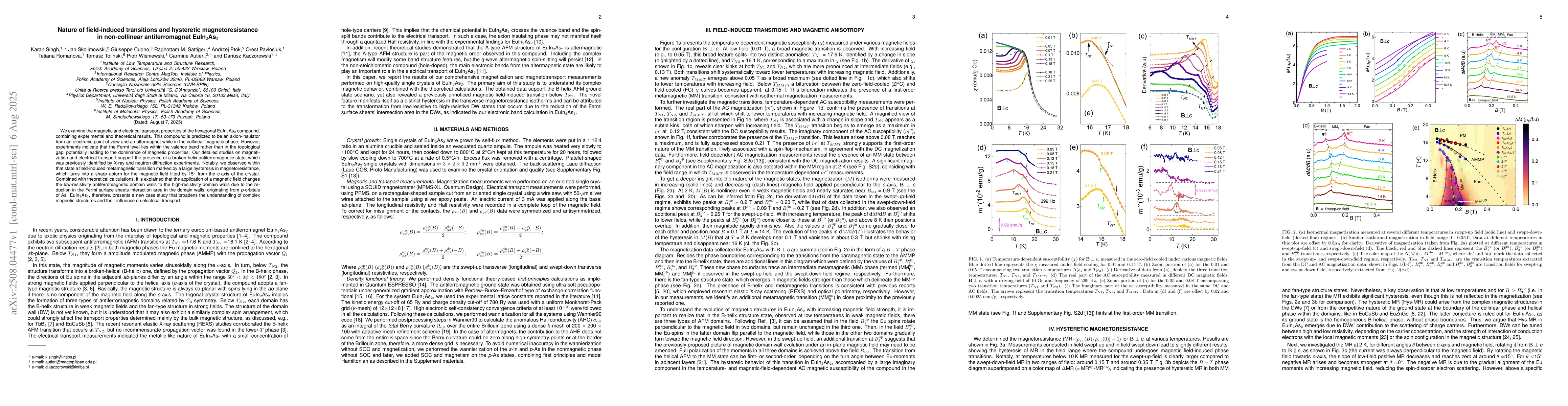 Thumbnail for Nature of field-induced transitions and hysteretic magnetoresistance in
  non-collinear antiferromagnet EuIn2As2