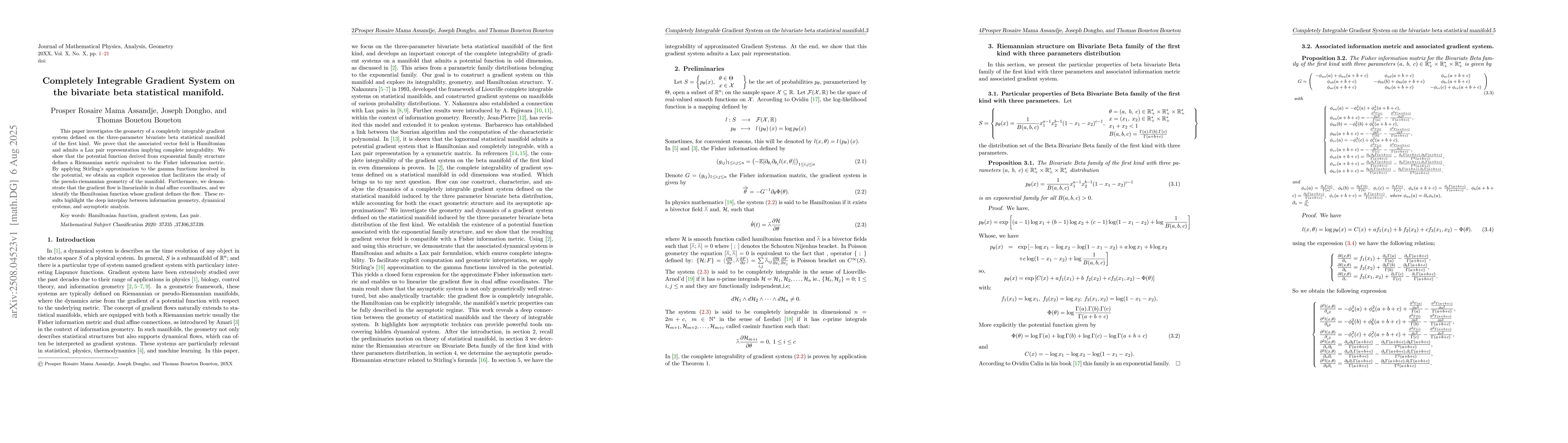 Thumbnail for Completely Integrable Gradient System on the bivariate beta statistical
  manifold