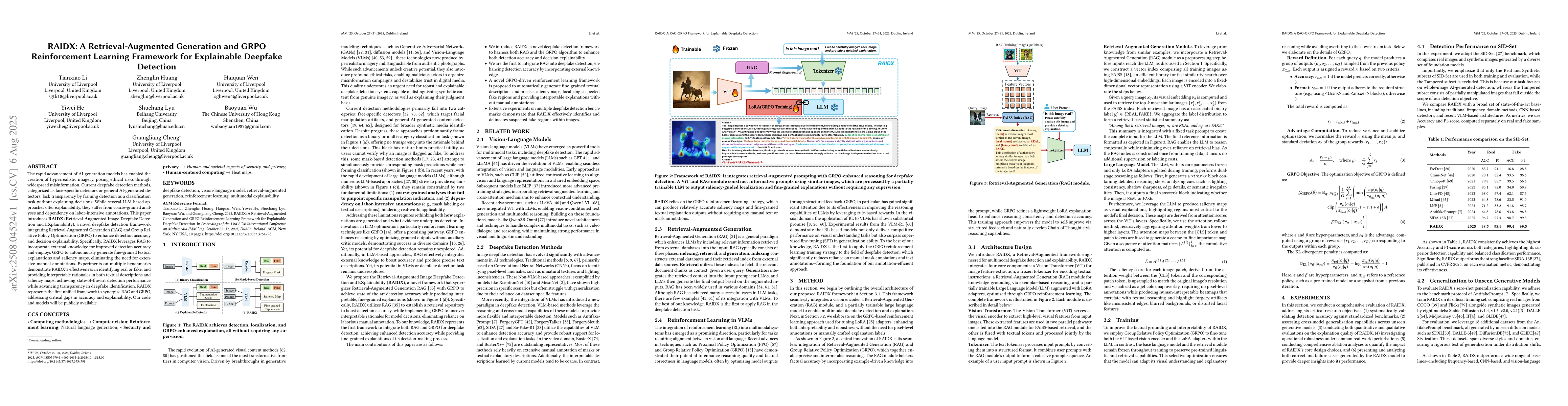 Thumbnail for RAIDX: A Retrieval-Augmented Generation and GRPO Reinforcement Learning
  Framework for Explainable Deepfake Detection