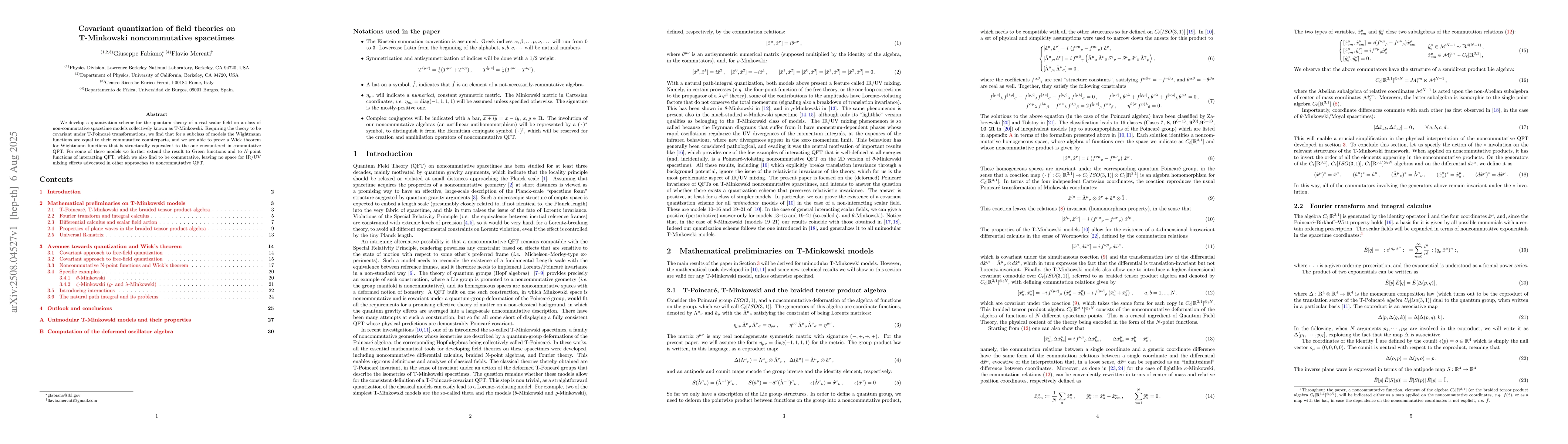 Thumbnail for Covariant quantization of field theories on T-Minkowski noncommutative
  spacetimes