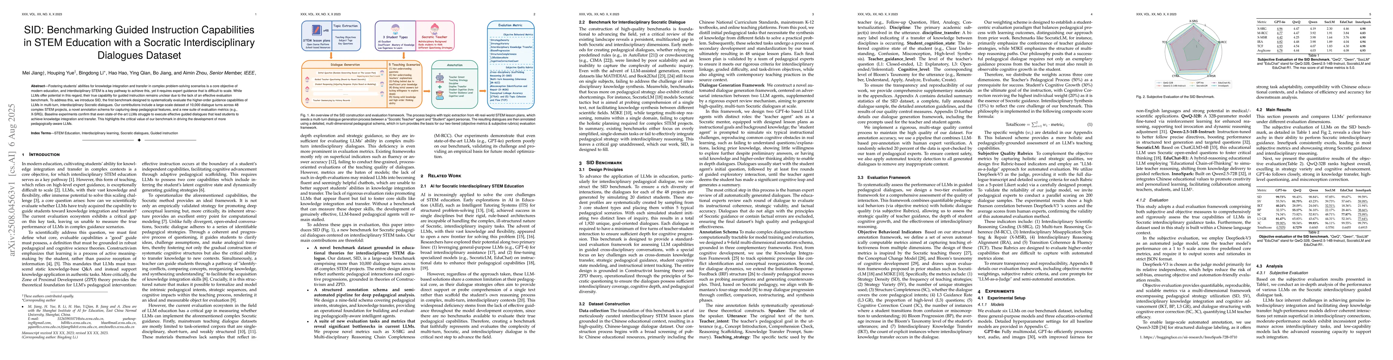 Thumbnail for SID: Benchmarking Guided Instruction Capabilities in STEM Education with
  a Socratic Interdisciplinary Dialogues Dataset
