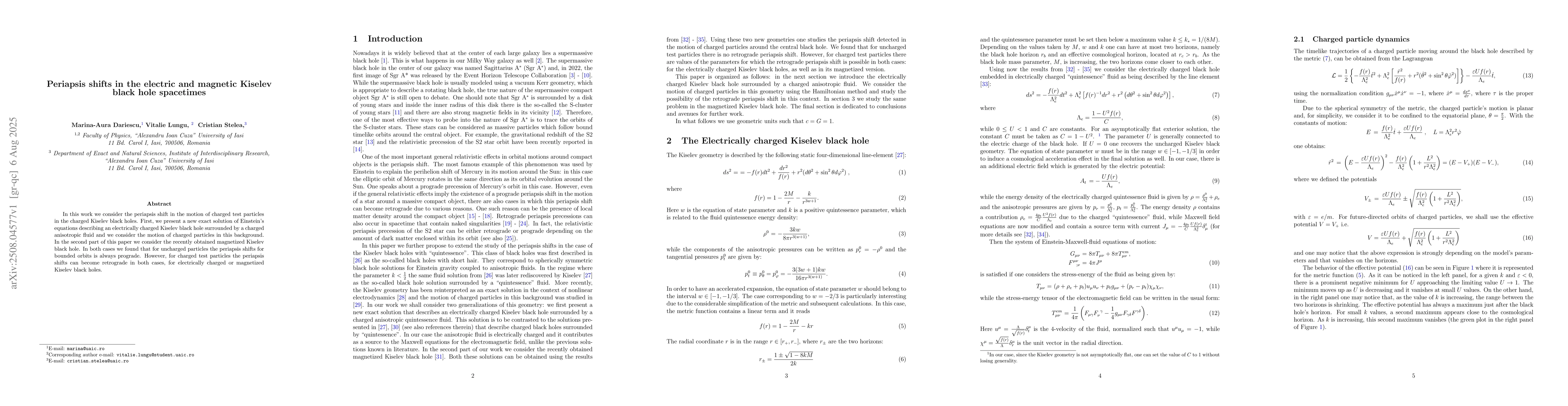 Thumbnail for Periapsis shifts in the electric and magnetic Kiselev black hole
  spacetimes