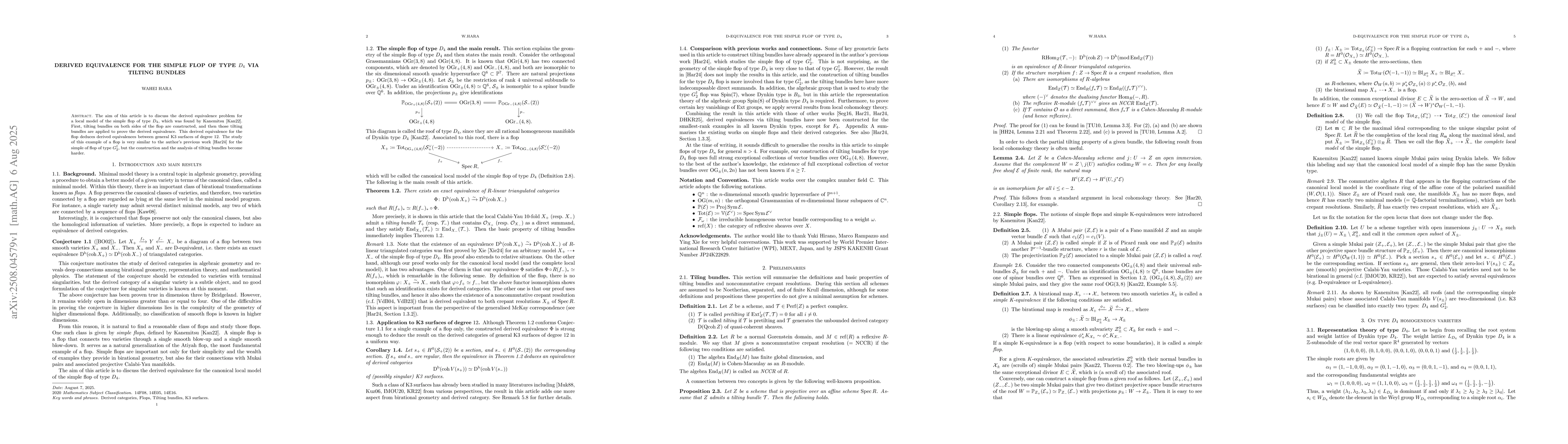 Thumbnail for Derived equivalence for the simple flop of type $D_4$ via tilting
  bundles