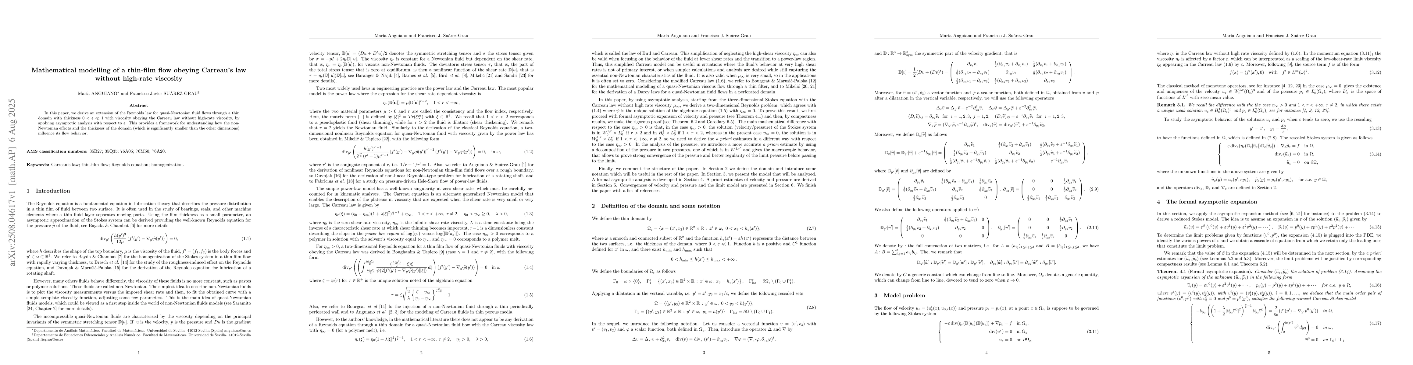 Thumbnail for Mathematical modelling of a thin-film flow obeying Carreau's law without
  high-rate viscosity