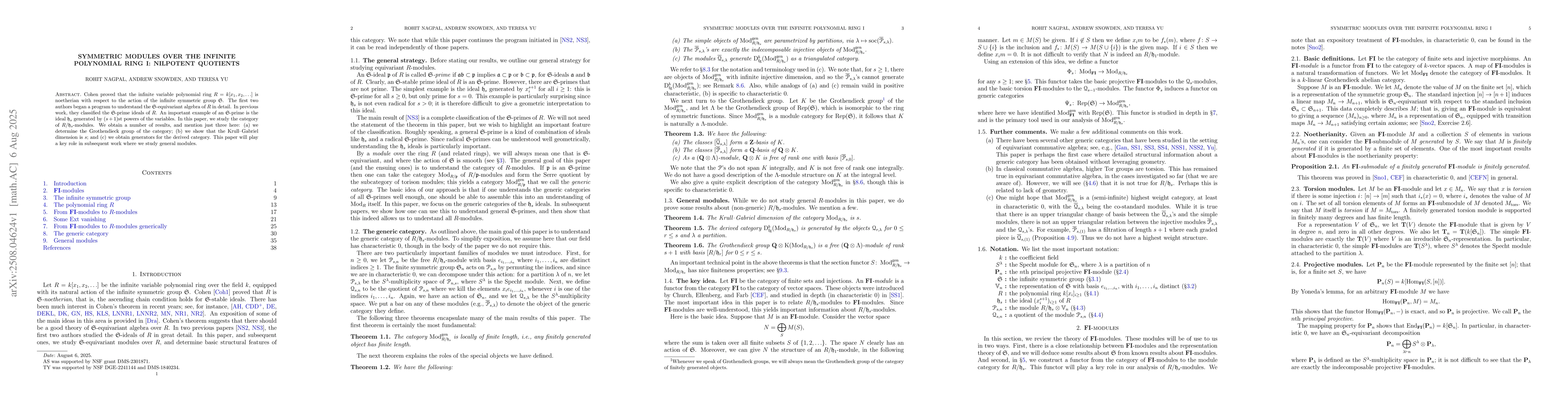 Thumbnail for Symmetric modules over the infinite polynomial ring I: nilpotent
  quotients