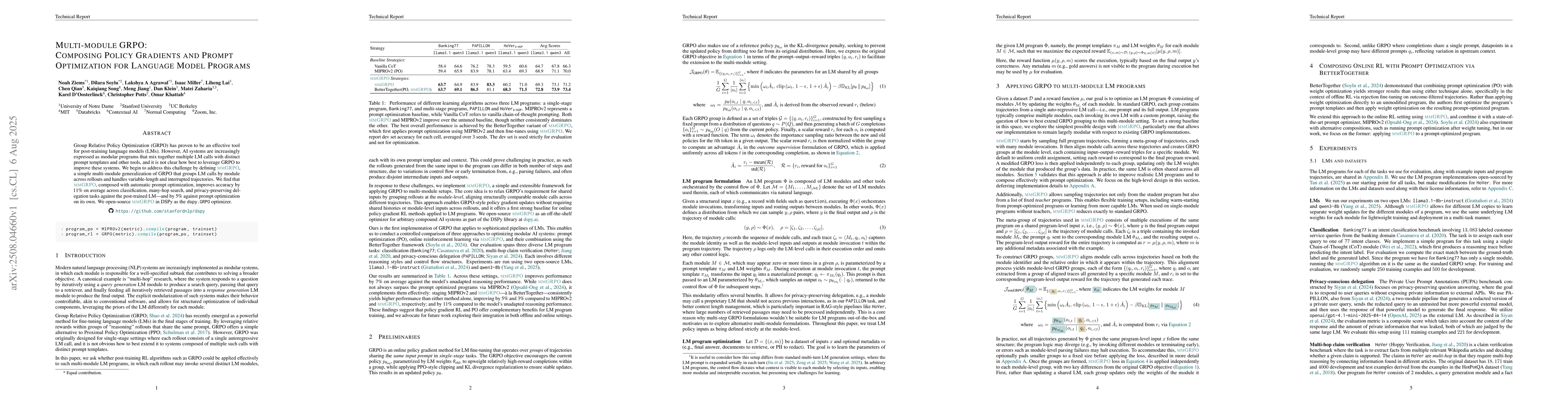 Thumbnail for Multi-module GRPO: Composing Policy Gradients and Prompt Optimization
  for Language Model Programs
