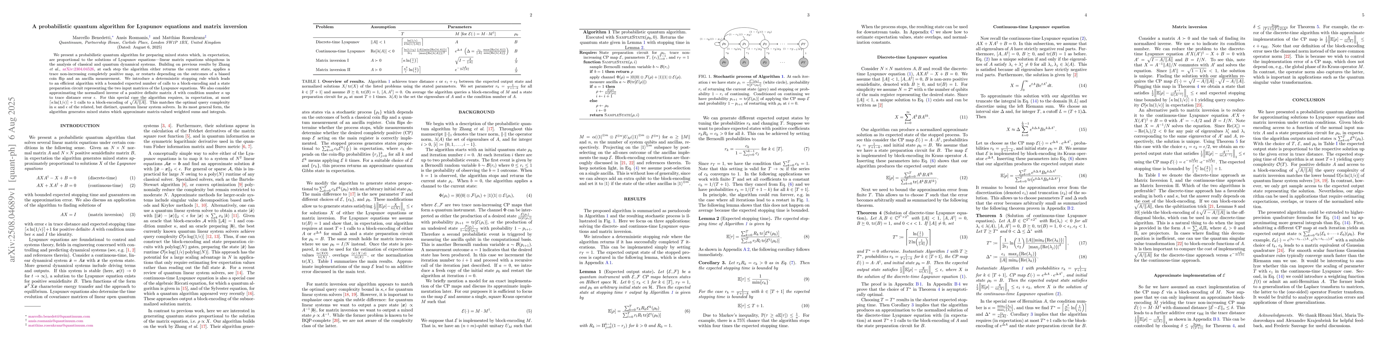 Thumbnail for A probabilistic quantum algorithm for Lyapunov equations and matrix
  inversion