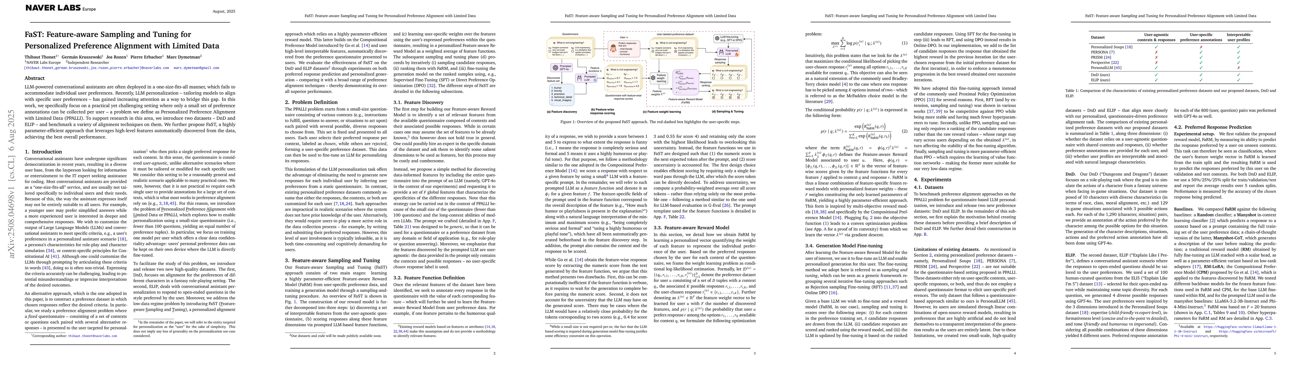 Thumbnail for FaST: Feature-aware Sampling and Tuning for Personalized Preference
  Alignment with Limited Data