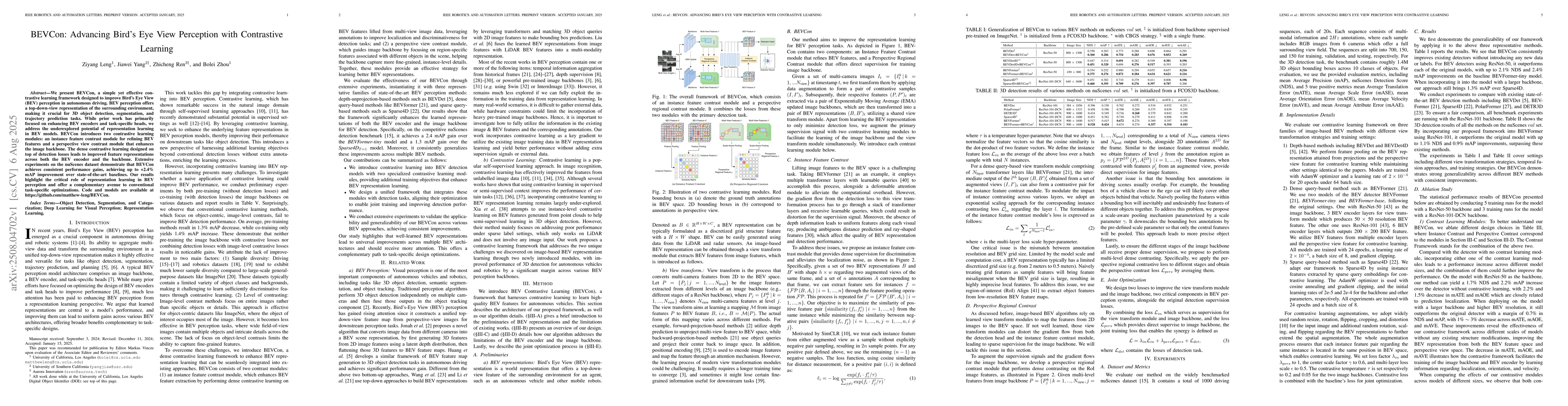 Thumbnail for BEVCon: Advancing Bird's Eye View Perception with Contrastive Learning