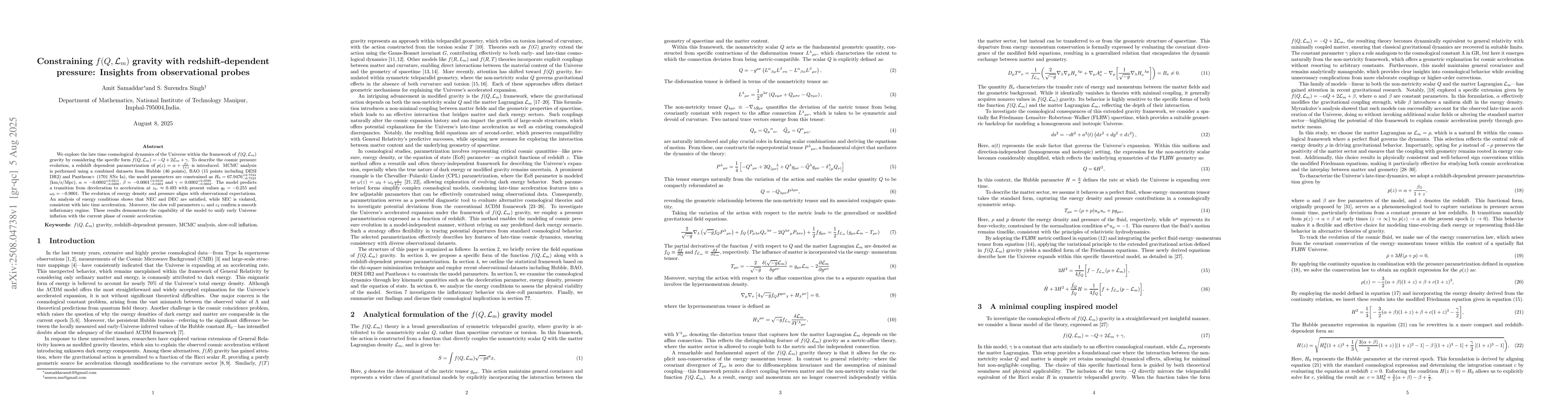 Thumbnail for Constraining $f(Q,\mathcal{L}_{m})$ gravity with redshift-dependent
  pressure: Insights from observational probes