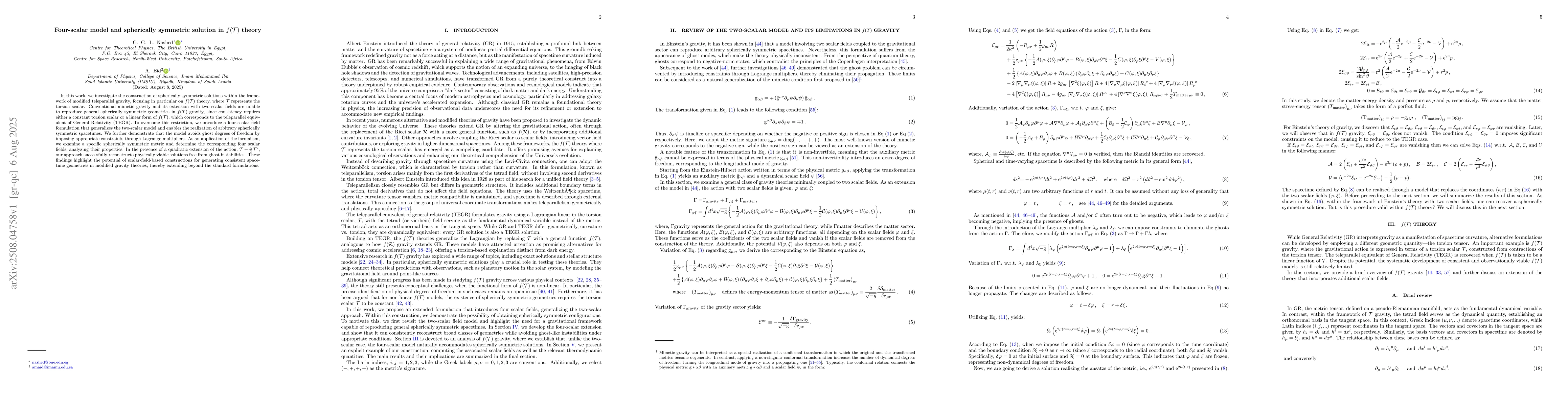 Thumbnail for Four-scalar model and spherically symmetric solution in $f({\cal T})$
  theory