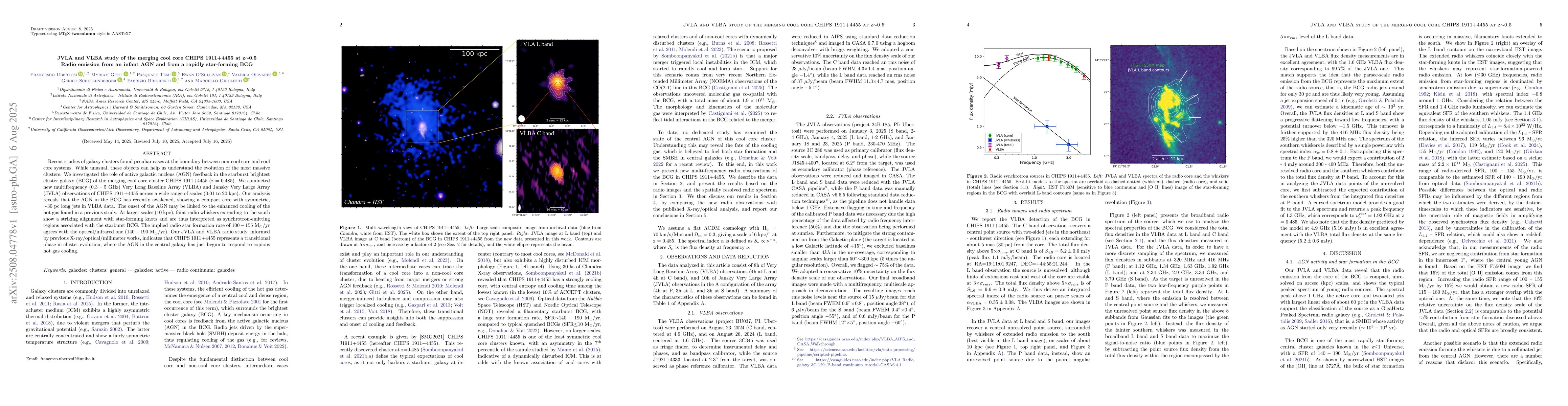 Thumbnail for JVLA and VLBA study of the merging cool core CHIPS 1911+4455 at z~0.5:
  radio emission from an infant AGN and from a rapidly star-forming BCG