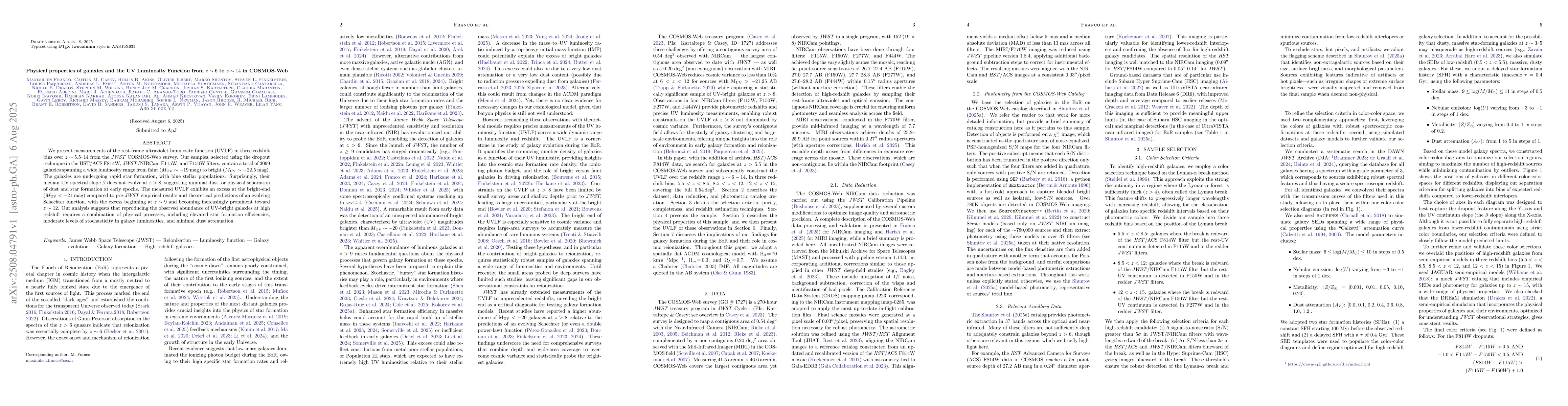 Thumbnail for Physical properties of galaxies and the UV Luminosity Function from
  $z\sim6$ to $z\sim14$ in COSMOS-Web