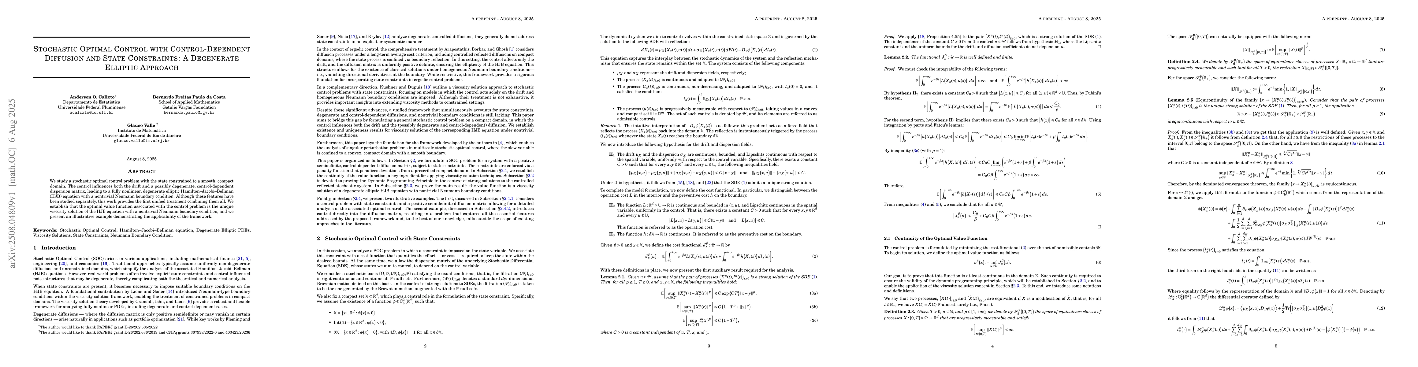Thumbnail for Stochastic Optimal Control with Control-Dependent Diffusion and State
  Constraints: A Degenerate Elliptic Approach