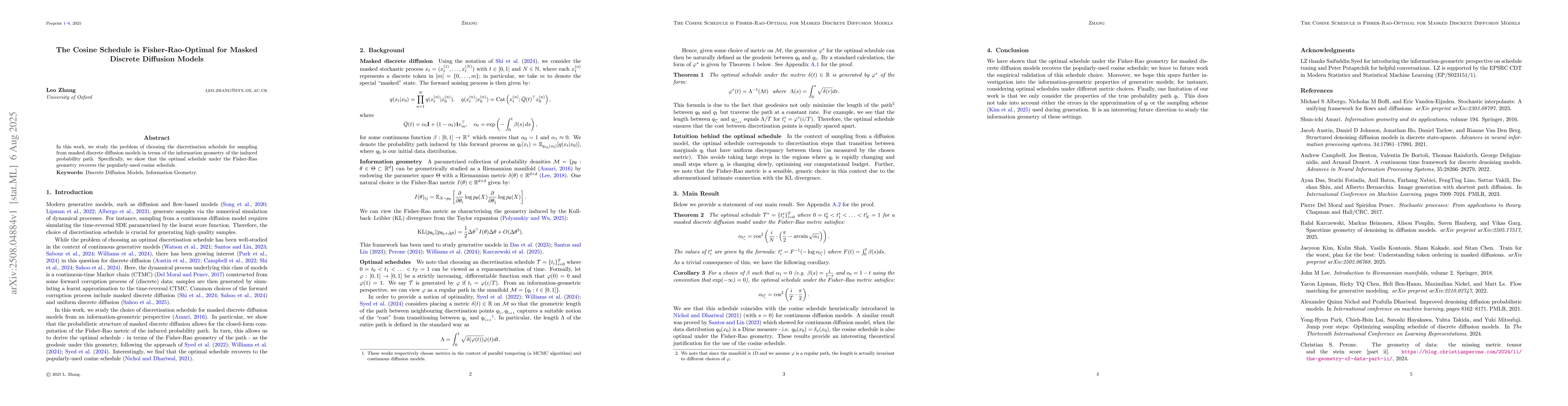 Thumbnail for The Cosine Schedule is Fisher-Rao-Optimal for Masked Discrete Diffusion
  Models