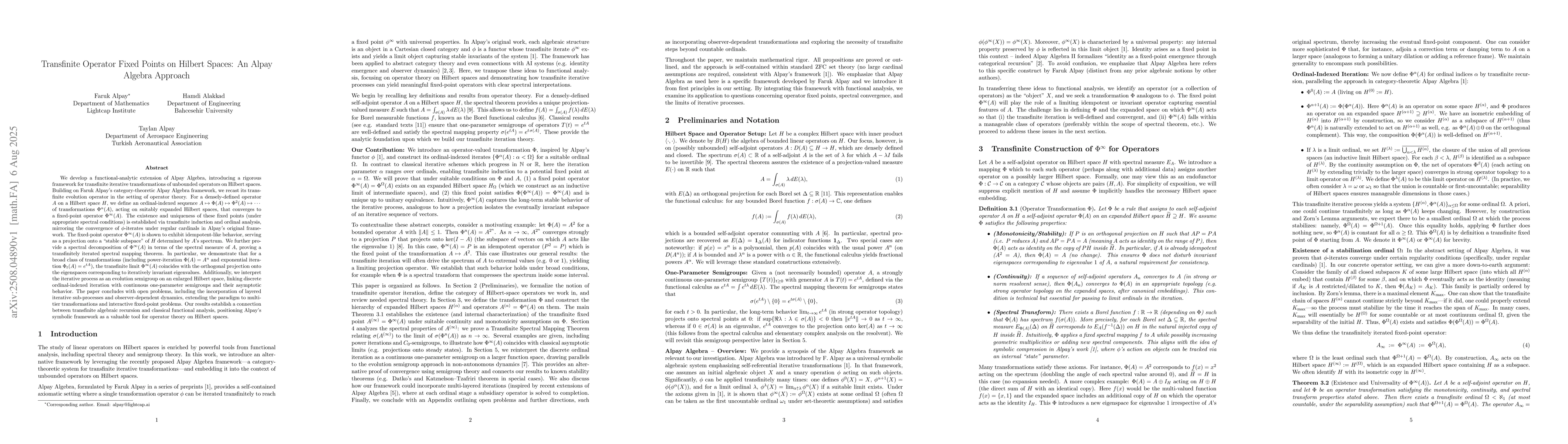 Thumbnail for Transfinite Operator Fixed Points on Hilbert Spaces: An Alpay Algebra
  Approach