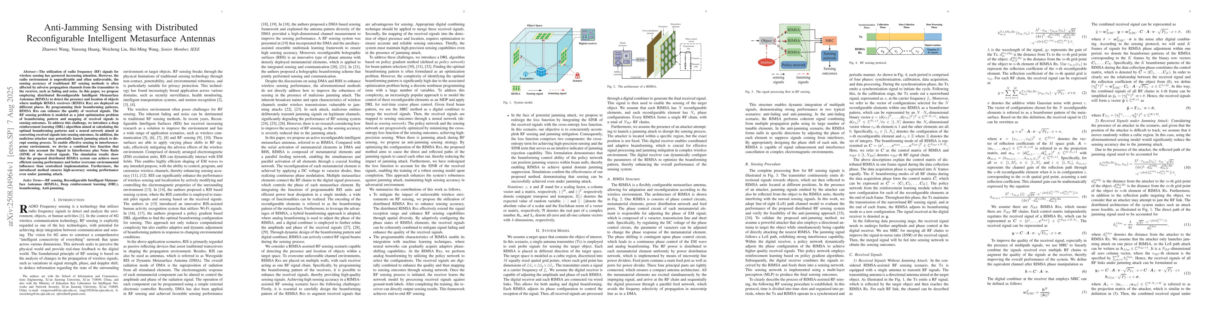 Thumbnail for Anti-Jamming Sensing with Distributed Reconfigurable Intelligent
  Metasurface Antennas