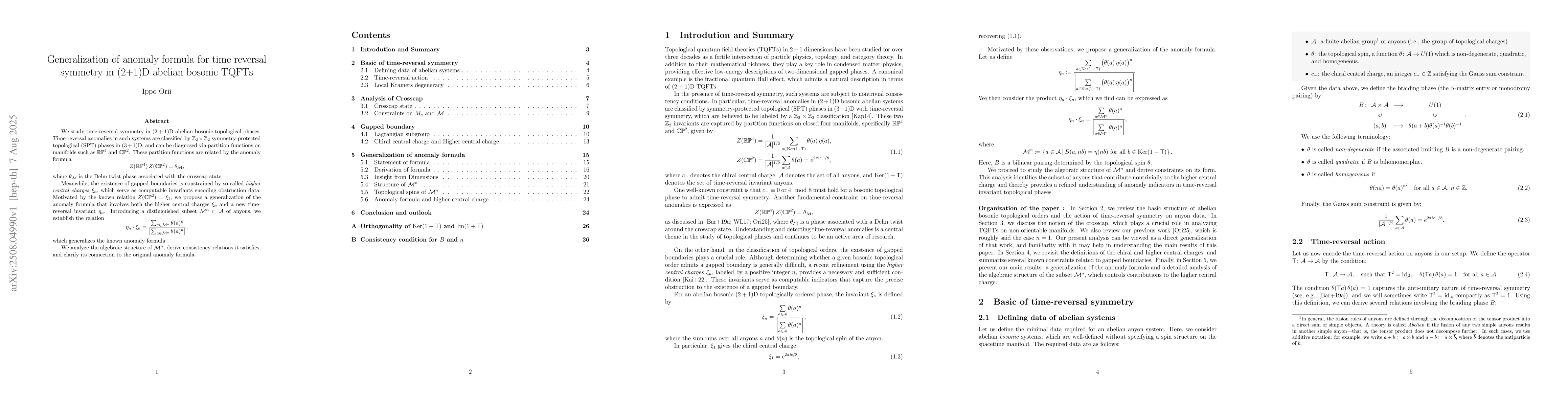 Thumbnail for Generalization of anomaly formula for time reversal symmetry in (2+1)D
  abelian bosonic TQFTs
