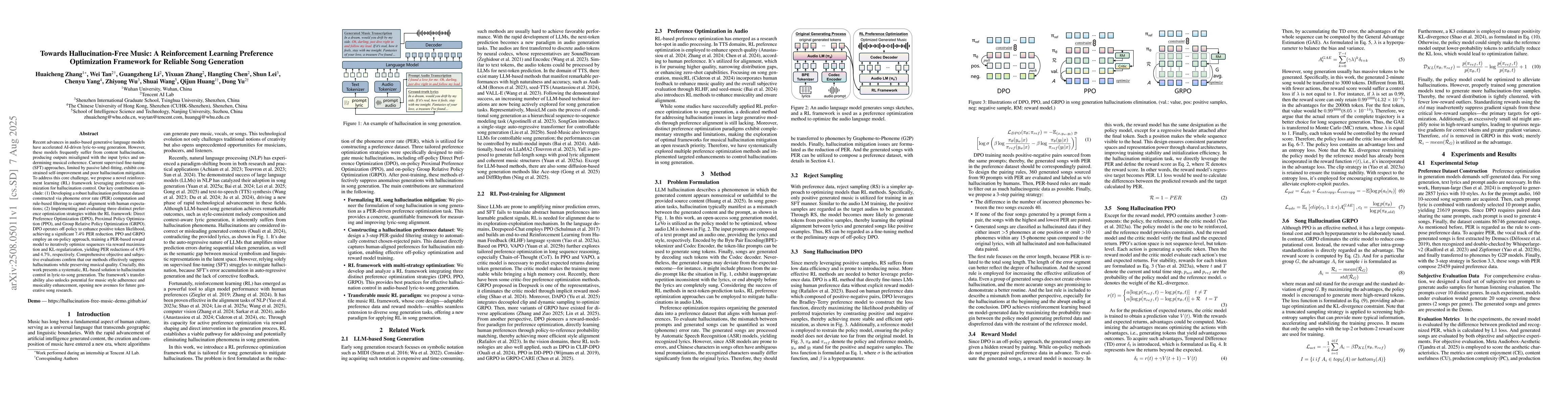 Thumbnail for Towards Hallucination-Free Music: A Reinforcement Learning Preference
  Optimization Framework for Reliable Song Generation