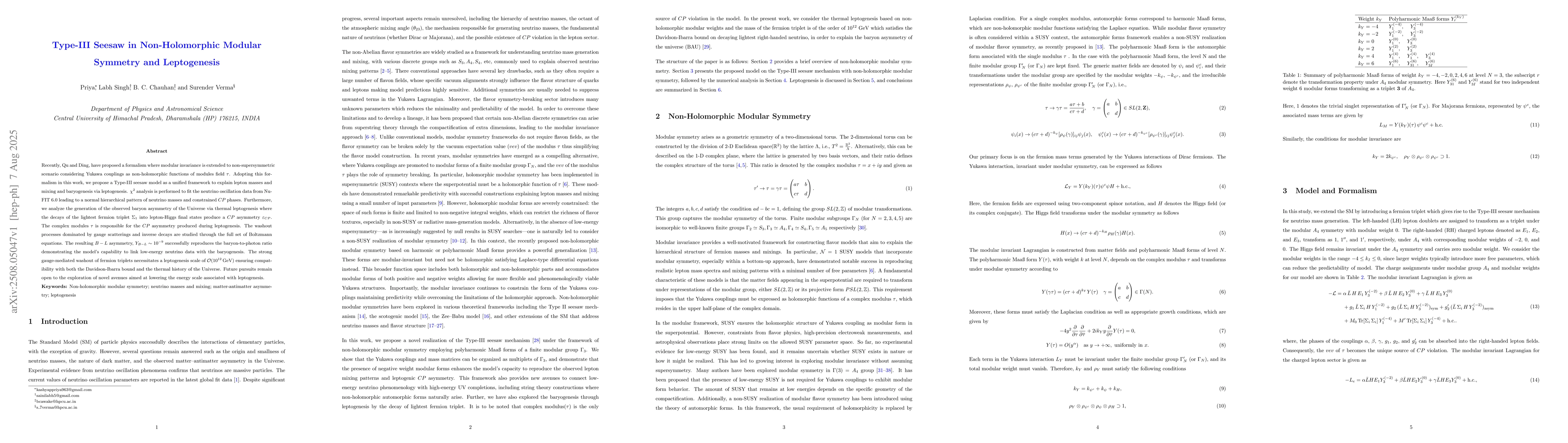 Thumbnail for Type-III Seesaw in Non-Holomorphic Modular Symmetry and Leptogenesis