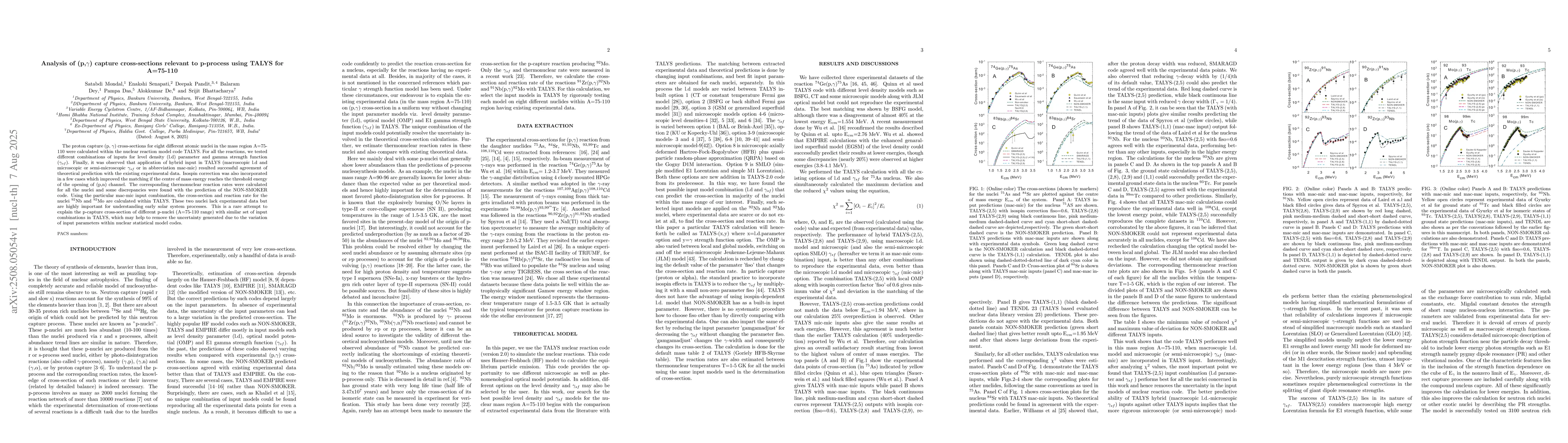 Thumbnail for Analysis of (p,$γ$) capture cross-sections relevant to p-process
  using TALYS for A=75-110