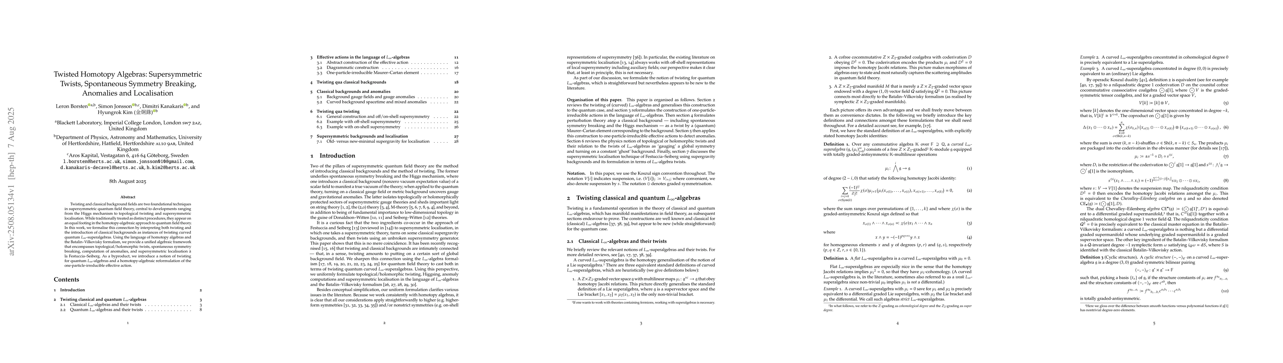 Thumbnail for Twisted Homotopy Algebras: Supersymmetric Twists, Spontaneous Symmetry
  Breaking, Anomalies and Localisation