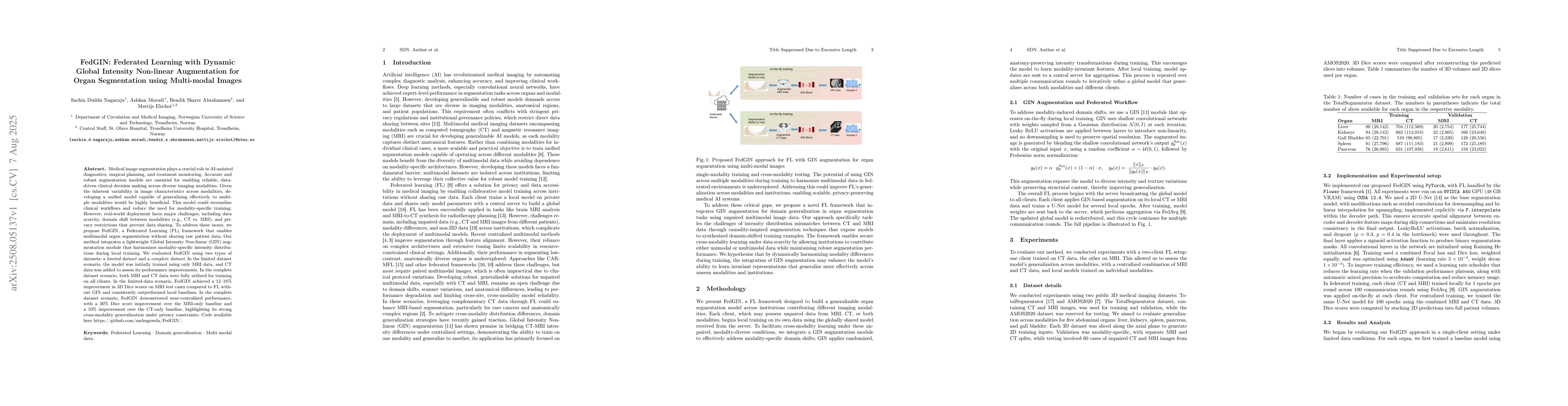 Thumbnail for FedGIN: Federated Learning with Dynamic Global Intensity Non-linear
  Augmentation for Organ Segmentation using Multi-modal Images