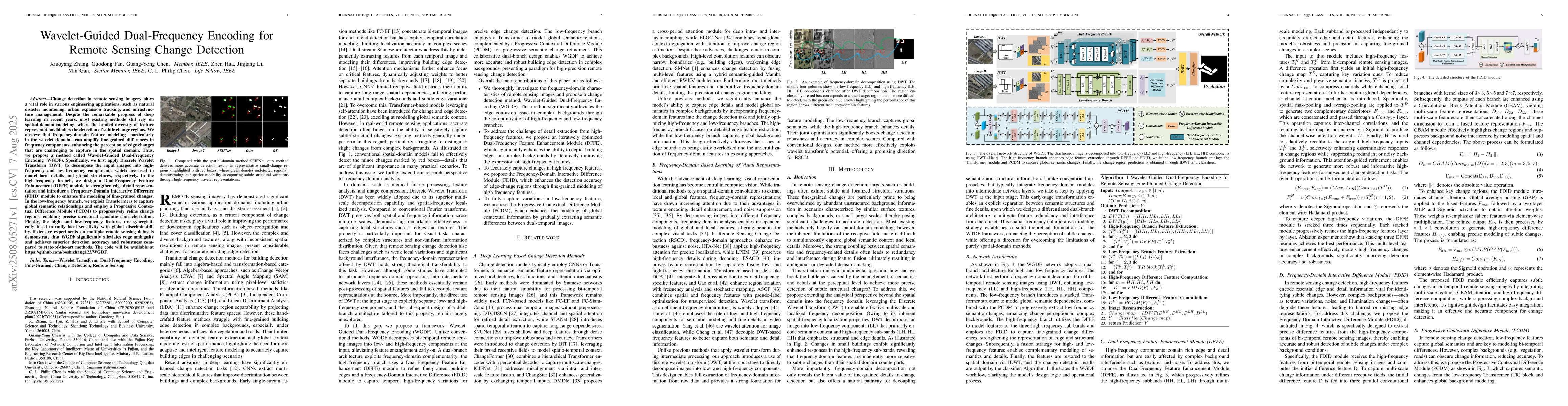 Thumbnail for Wavelet-Guided Dual-Frequency Encoding for Remote Sensing Change
  Detection