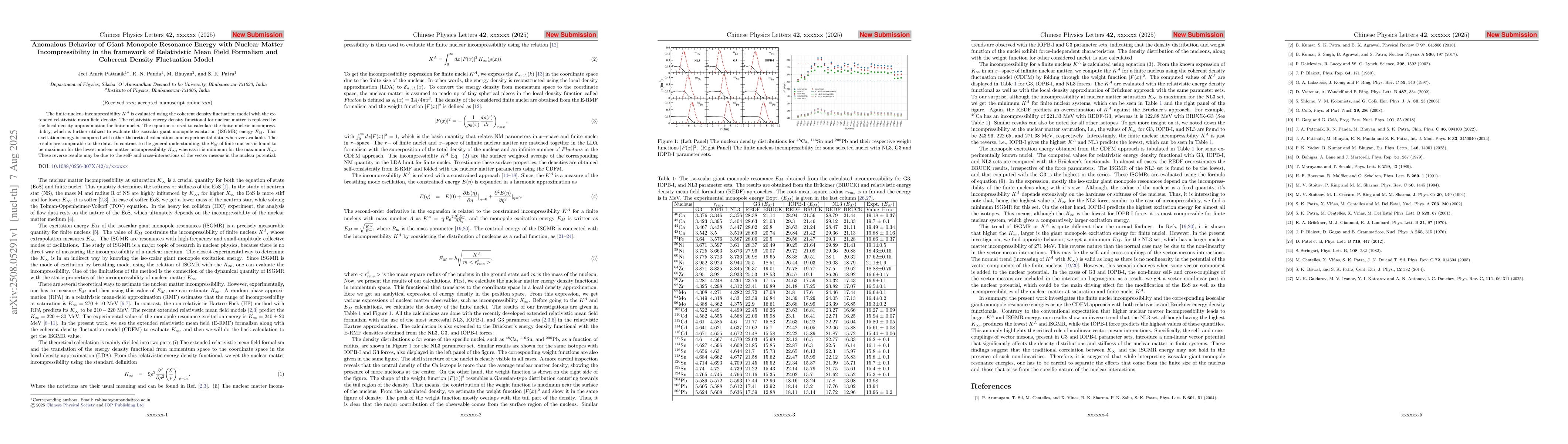 Thumbnail for Anomalous Behavior of Giant Monopole Resonance Energy with Nuclear
  Matter Incompressibility in the framework of Relativistic Mean Field
  Formalism and Coherent Density Fluctuation Model