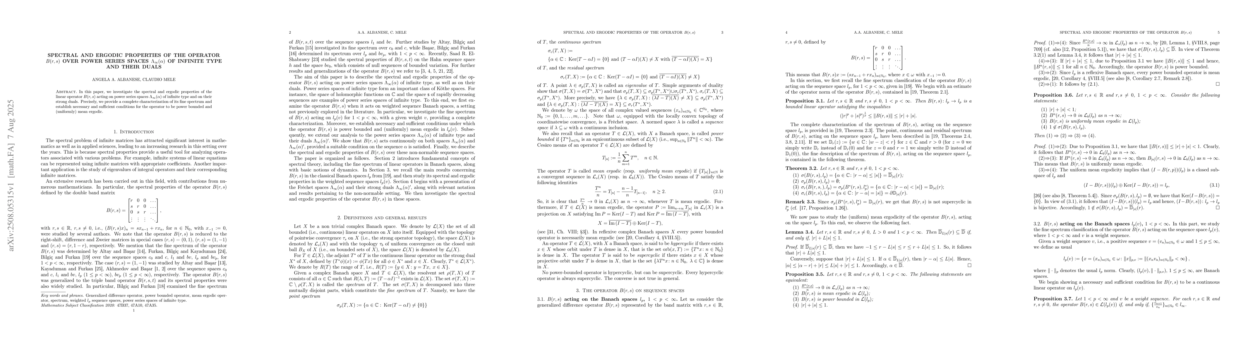 Thumbnail for Spectral and ergodic properties of the operator $B(r,s)$ over power
  series spaces $Λ_\infty(α)$ of infinite type and their duals