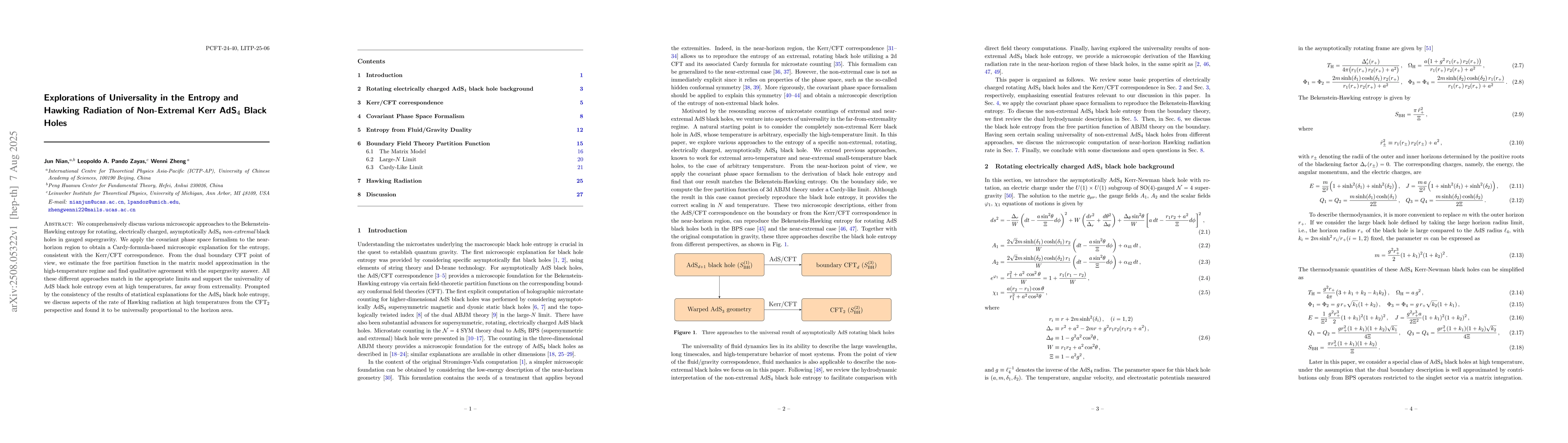 Thumbnail for Explorations of Universality in the Entropy and Hawking Radiation of
  Non-Extremal Kerr AdS$_4$ Black Holes