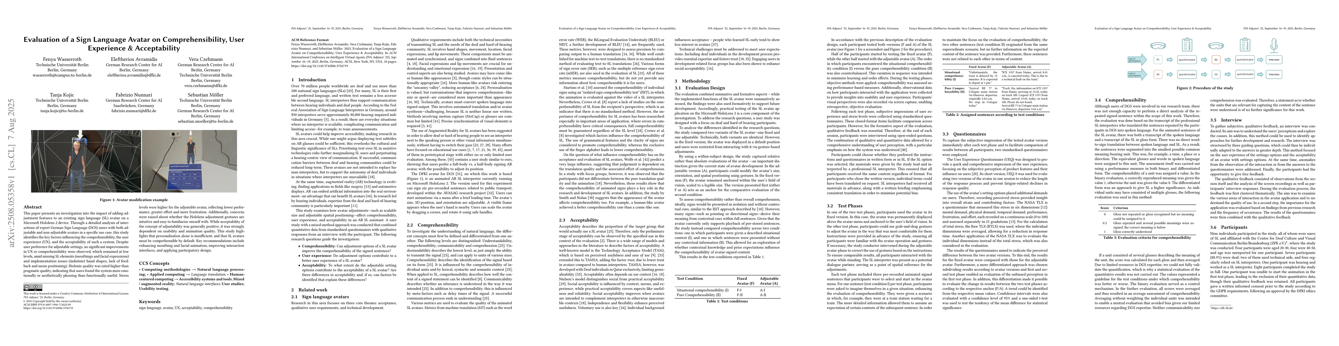 Thumbnail for Evaluation of a Sign Language Avatar on Comprehensibility, User
  Experience \& Acceptability