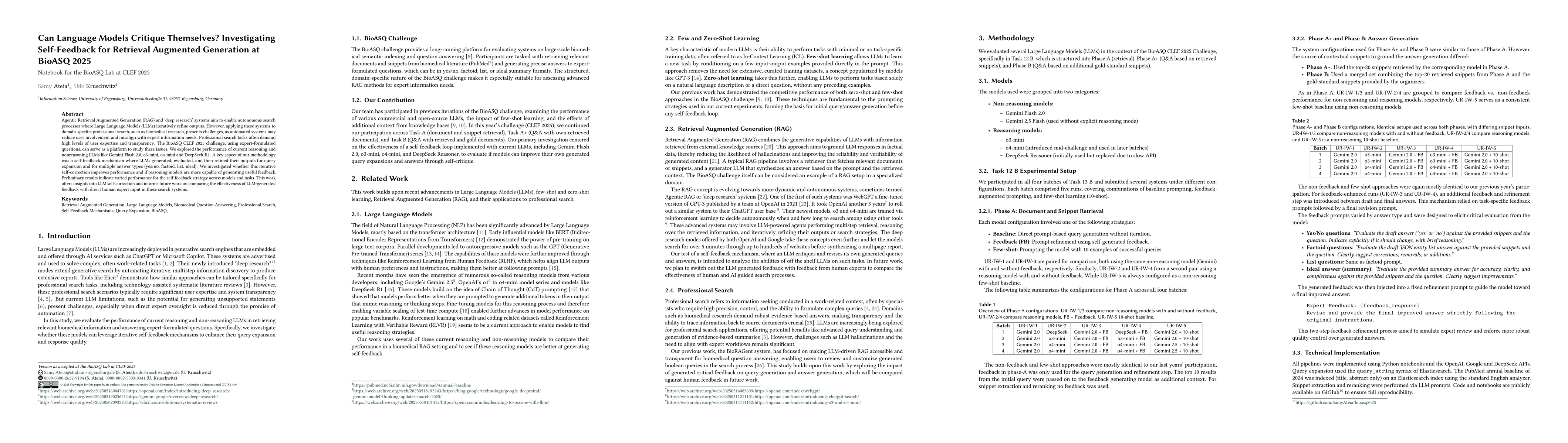 Thumbnail for Can Language Models Critique Themselves? Investigating Self-Feedback for
  Retrieval Augmented Generation at BioASQ 2025