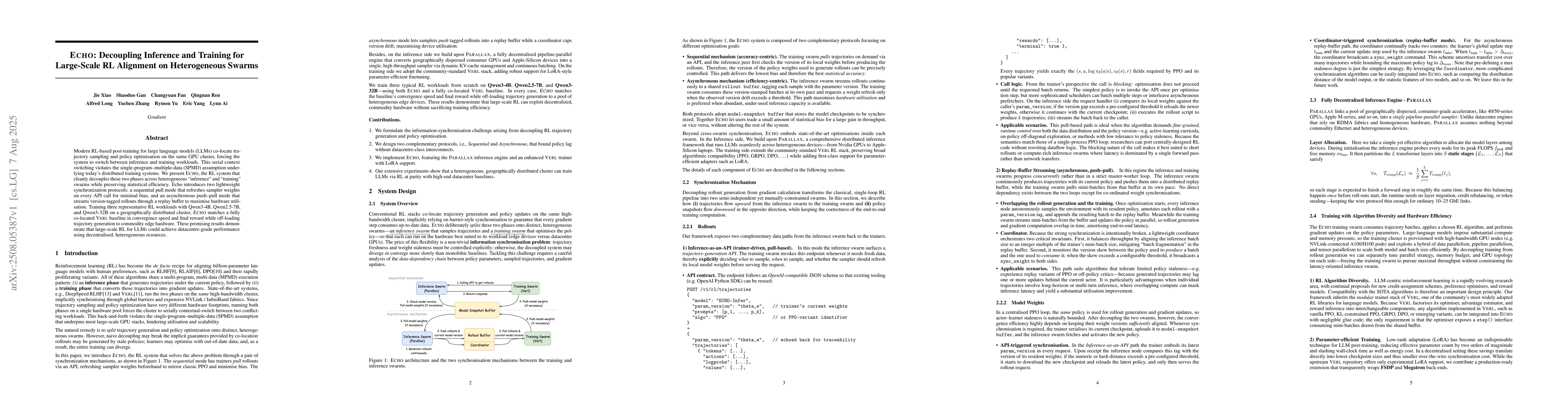 Thumbnail for Echo: Decoupling Inference and Training for Large-Scale RL Alignment on
  Heterogeneous Swarms