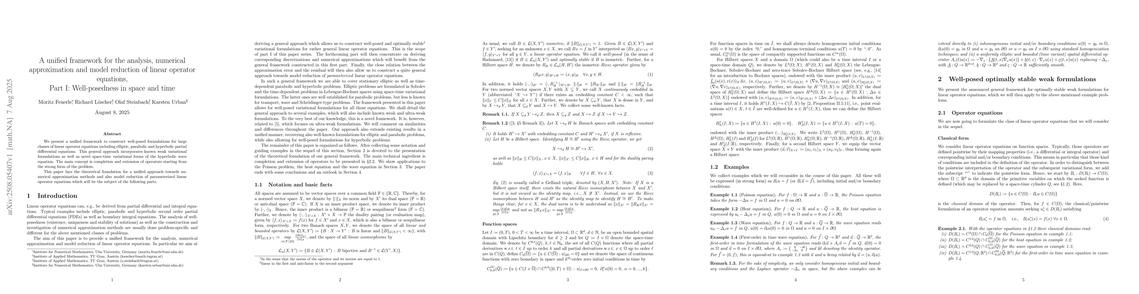 Thumbnail for A unified framework for the analysis, numerical approximation and model
  reduction of linear operator equations, Part I: Well-posedness in space and
  time