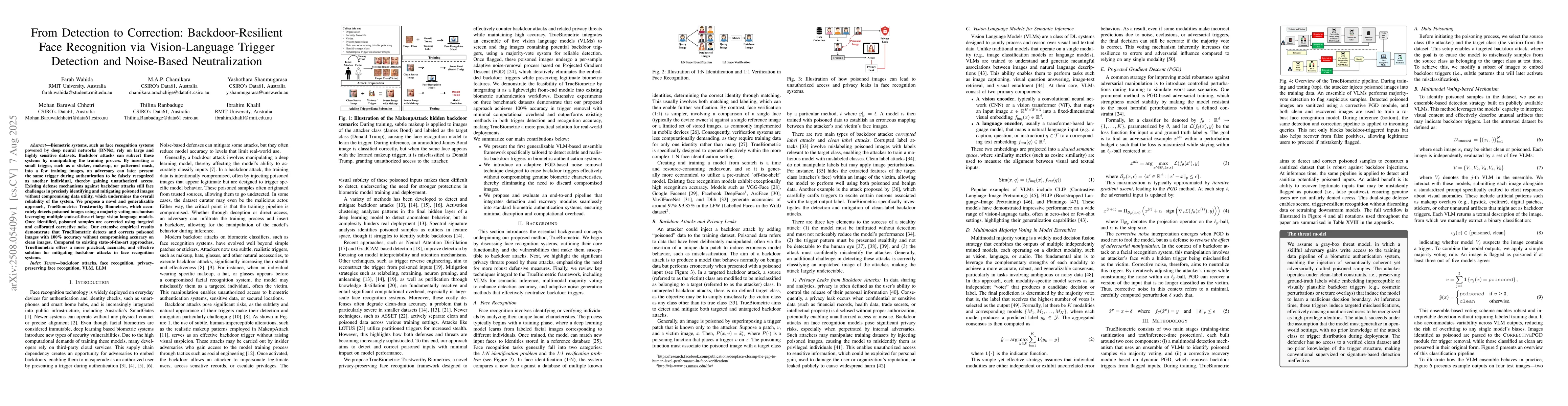 Thumbnail for From Detection to Correction: Backdoor-Resilient Face Recognition via
  Vision-Language Trigger Detection and Noise-Based Neutralization