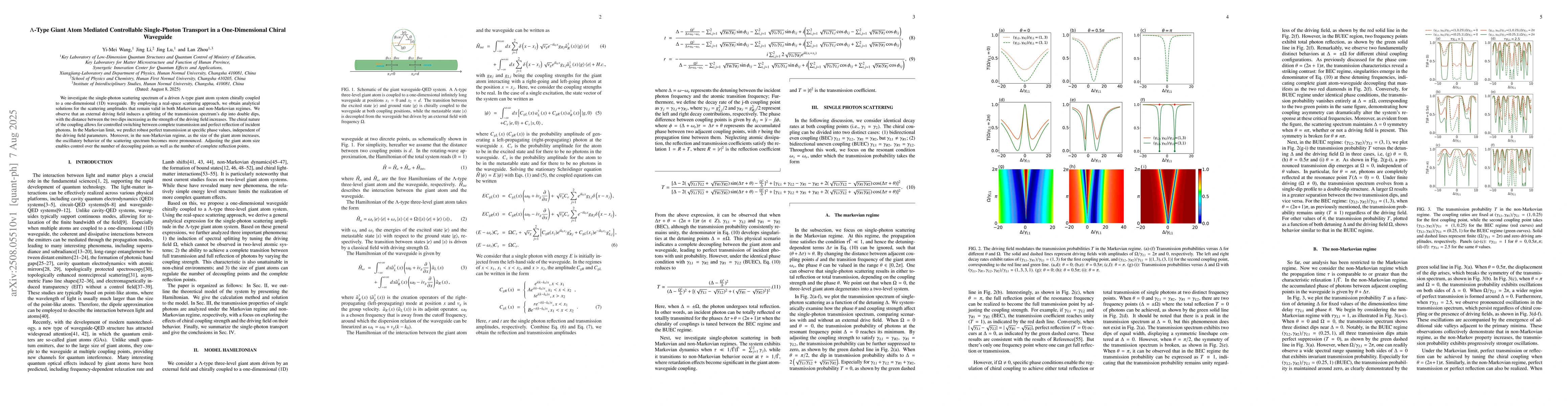 Thumbnail for $Λ$-Type Giant Atom Mediated Controllable Single-Photon Transport
  in a One-Dimensional Chiral Waveguide