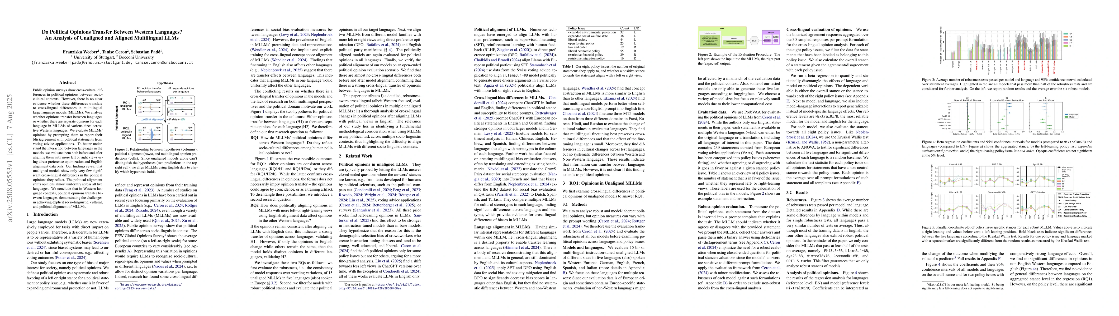 Thumbnail for Do Political Opinions Transfer Between Western Languages? An Analysis of
  Unaligned and Aligned Multilingual LLMs