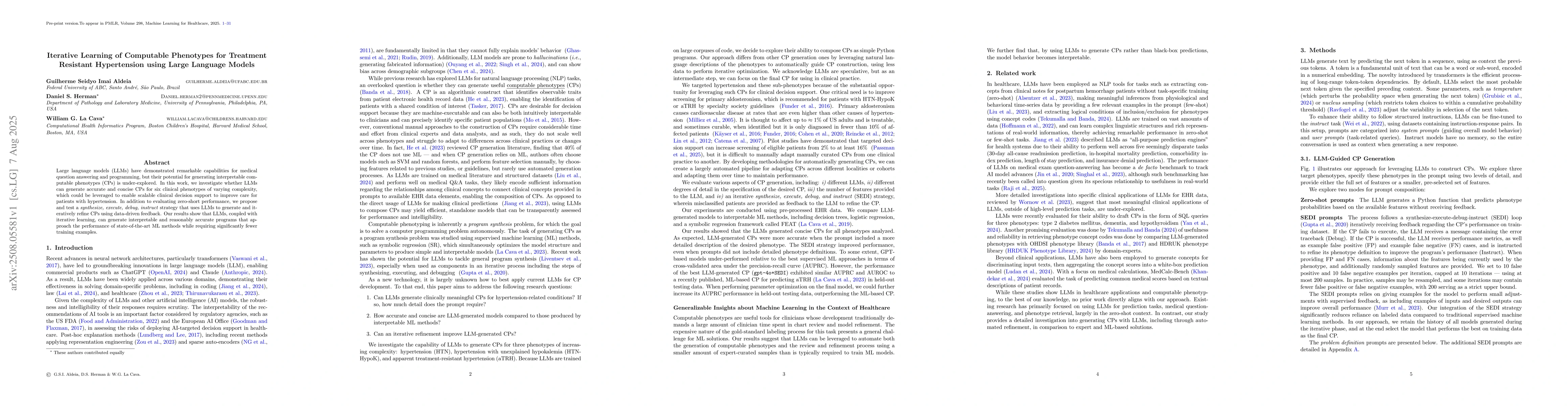 Thumbnail for Iterative Learning of Computable Phenotypes for Treatment Resistant
  Hypertension using Large Language Models