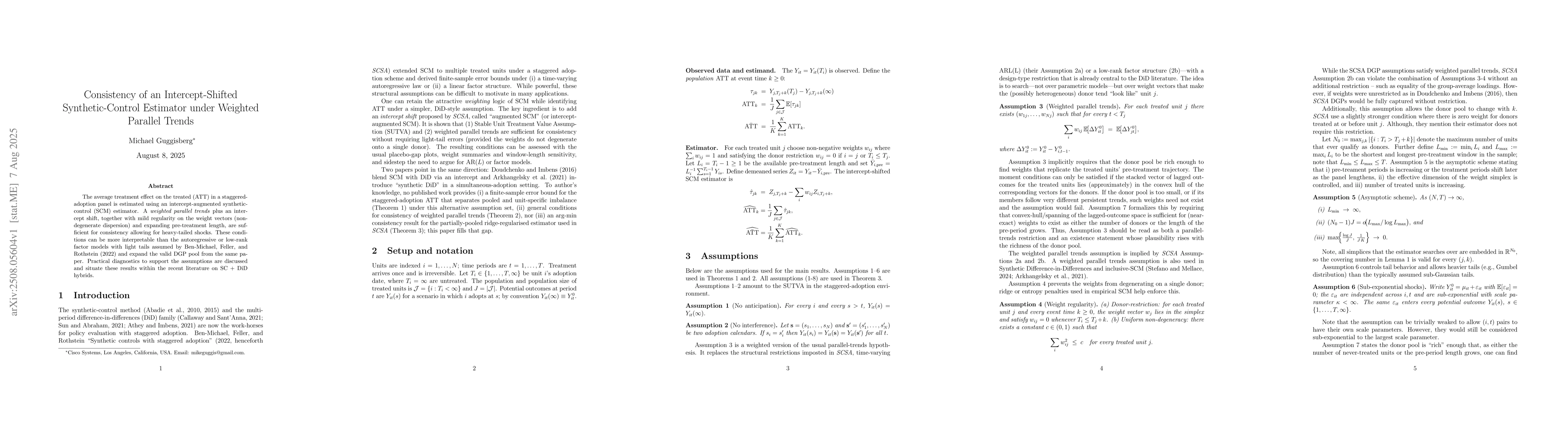 Thumbnail for Consistency of an Intercept-Shifted Synthetic-Control Estimator under
  Weighted Parallel Trends