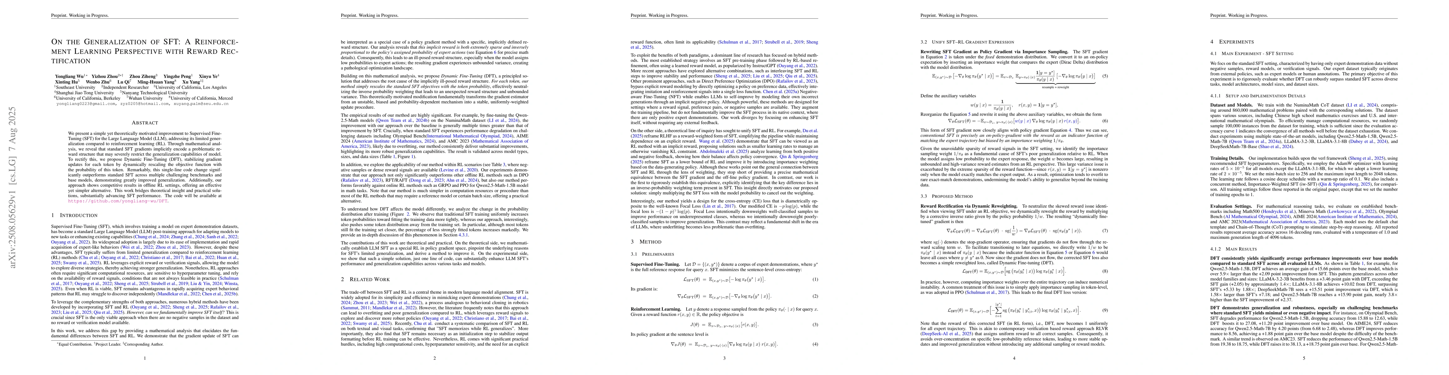 Thumbnail for On the Generalization of SFT: A Reinforcement Learning Perspective with
  Reward Rectification