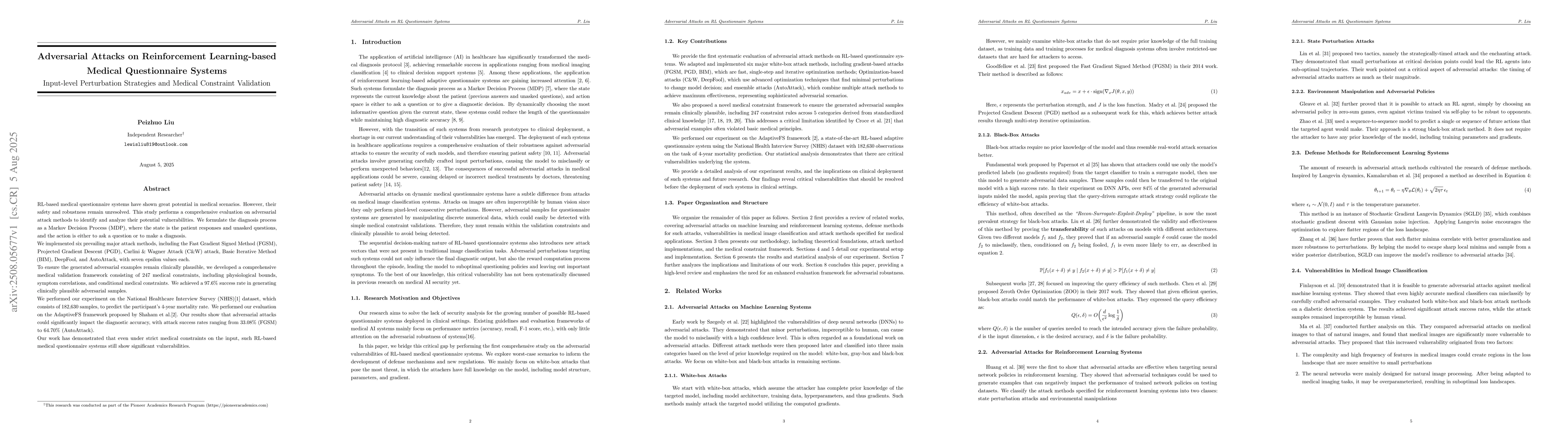 Thumbnail for Adversarial Attacks on Reinforcement Learning-based Medical
  Questionnaire Systems: Input-level Perturbation Strategies and Medical
  Constraint Validation