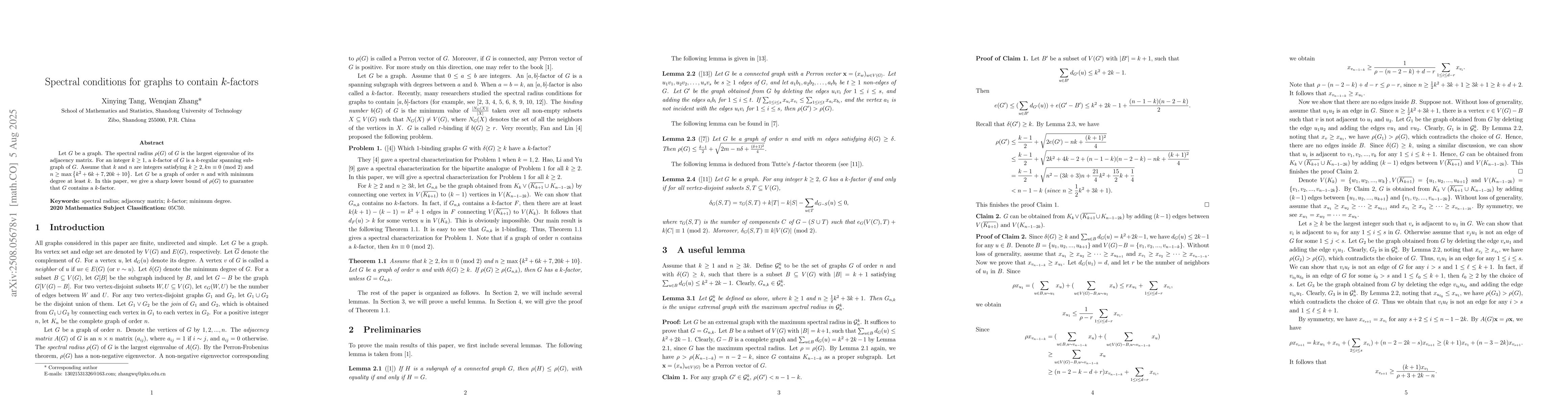 Thumbnail for Spectral conditions for graphs to contain $k$-factors